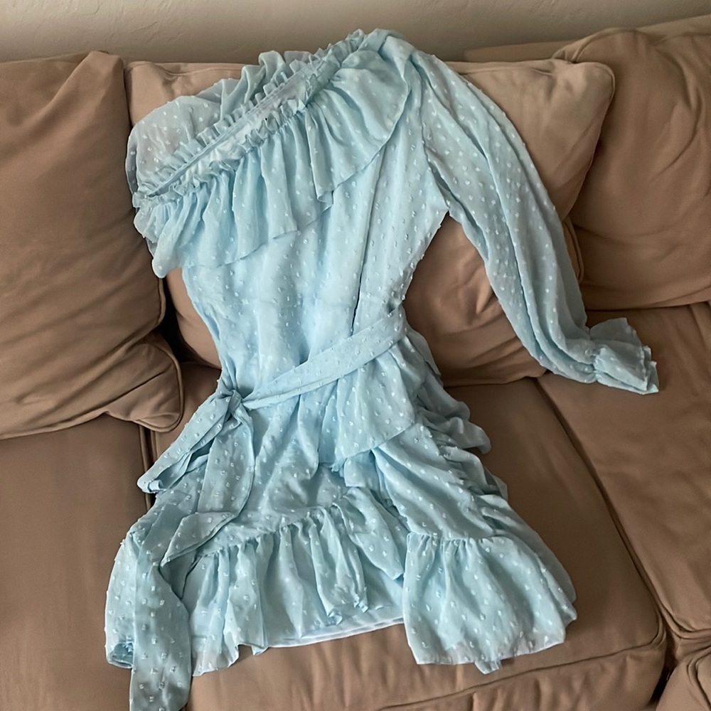 DOBBY MESH ONE SHOULDER RUFFLE DRESS